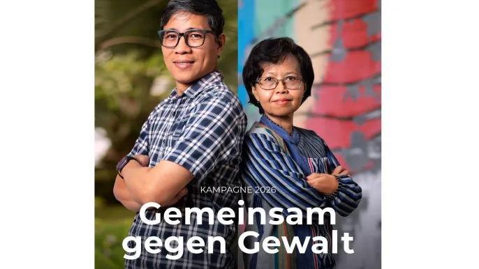 Gemeinsam gegen Gewalt (Foto: Kirche Schweiz) Gemeinsam gegen Gewalt: Mission 21 Kampagne 2026 (Foto: Kirche Schweiz)